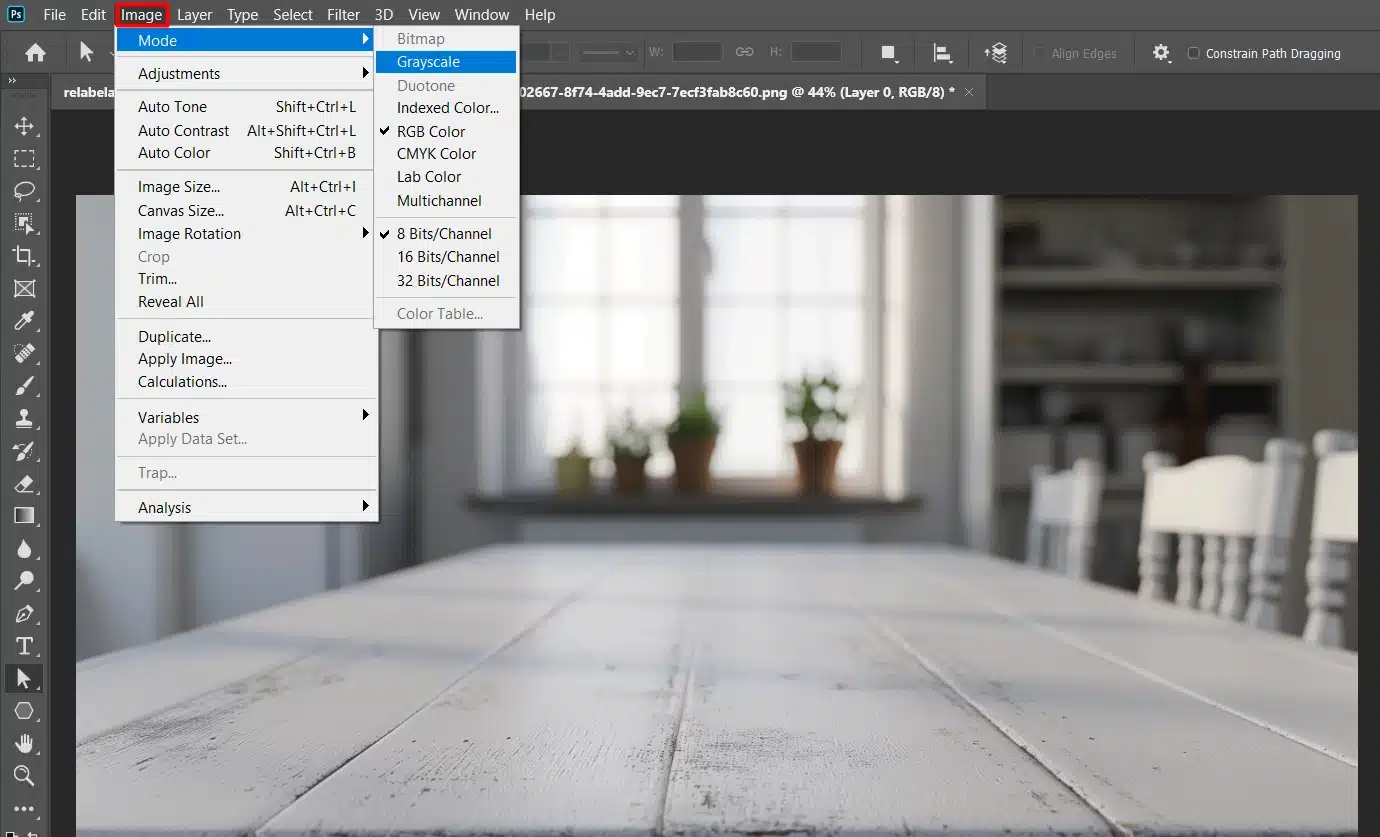 A screenshot of Adobe Photoshop with the Image menu open, highlighting the Mode option and Grayscale selection