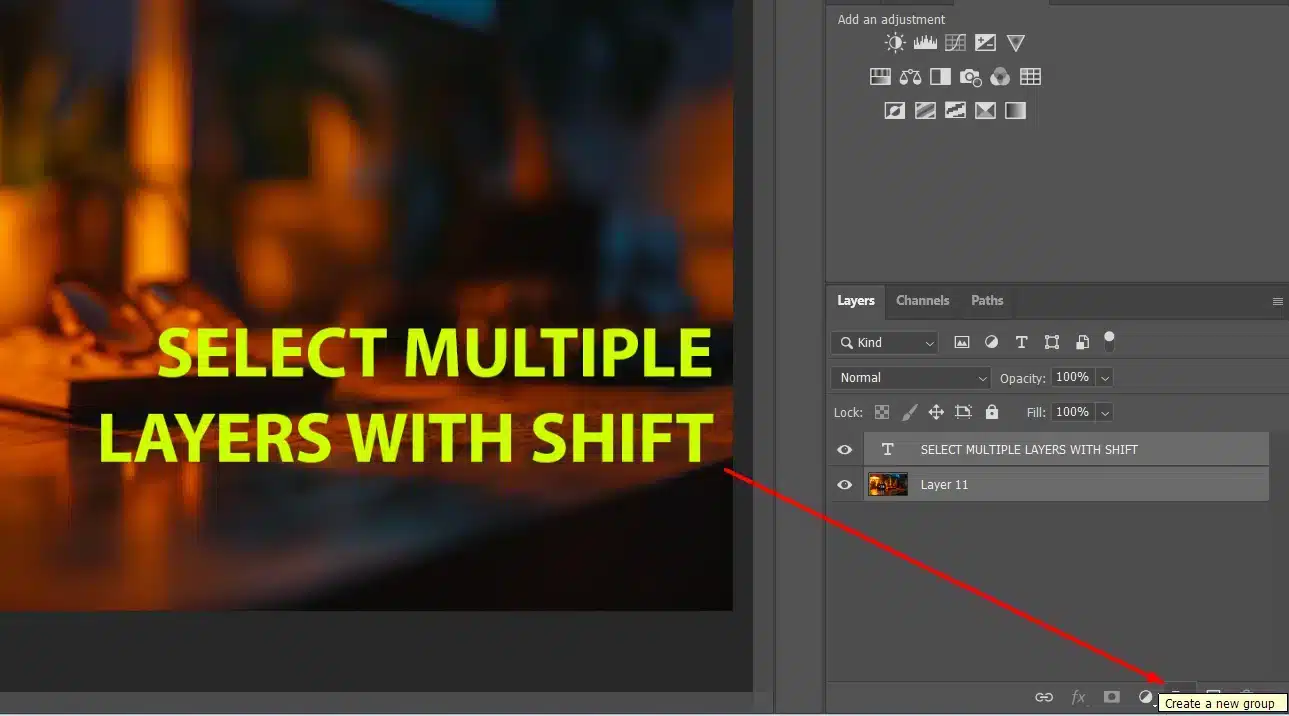 Photoshop interface showing how to group multiple sheets using the Shift key.