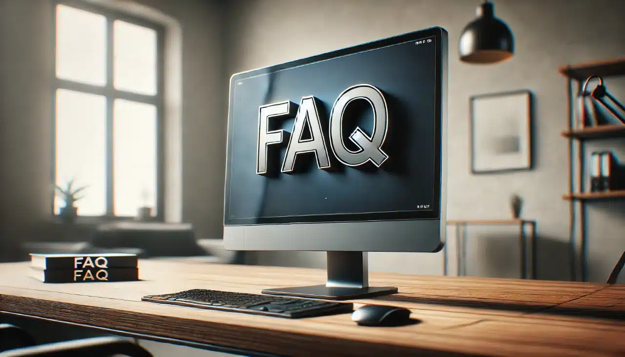 A modern desktop PC with a sleek design on a wooden desk, displaying 'FAQ' on the screen.