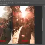 A screenshot of the Photoshop interface showing the process of adding lens flare, with a before-and-after comparison of a man standing on a street.