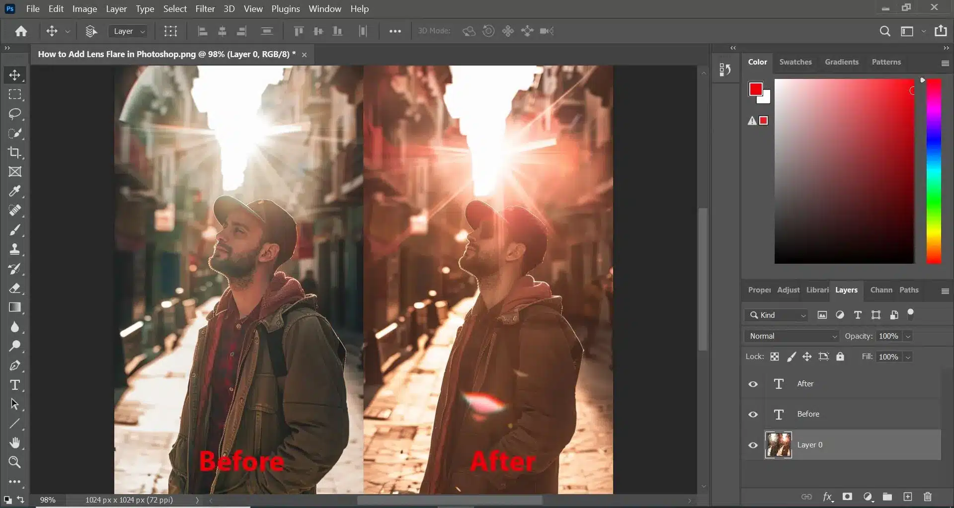 A screenshot of the Photoshop interface showing the process of adding lens flare, with a before-and-after comparison of a man standing on a street.