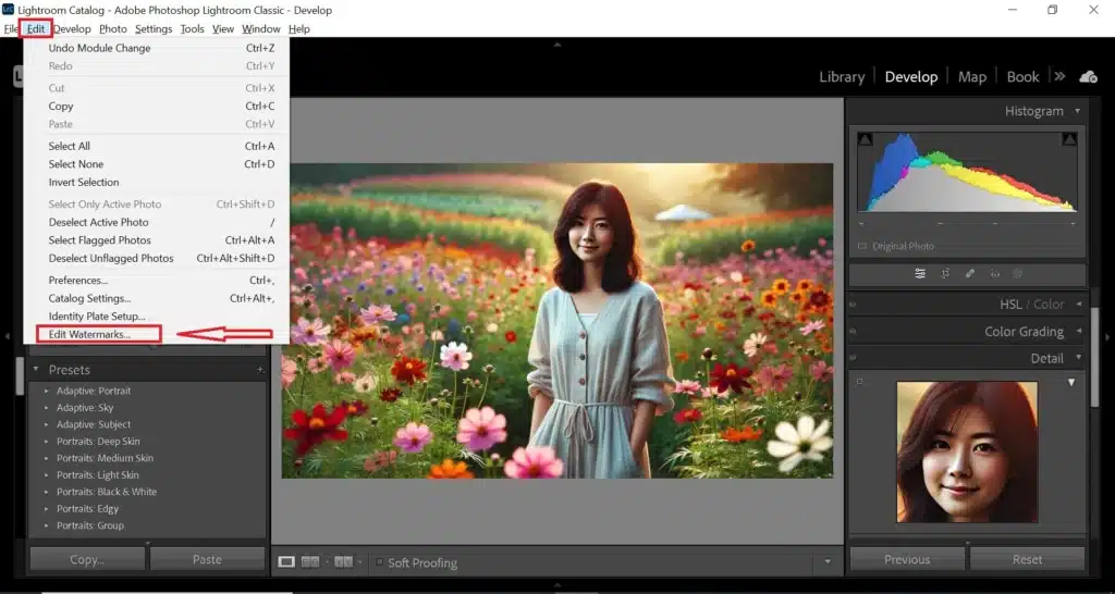 Adobe Lightroom interface displaying the process of adding a insignia to a portrait. The Edit menu is open, highlighting the 'Edit Insignia' option. A portrait of a woman with yellow flowers is visible.