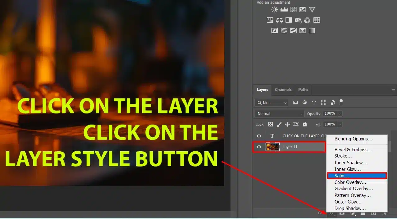 Photoshop interface illustrating how to apply the Satin layer style