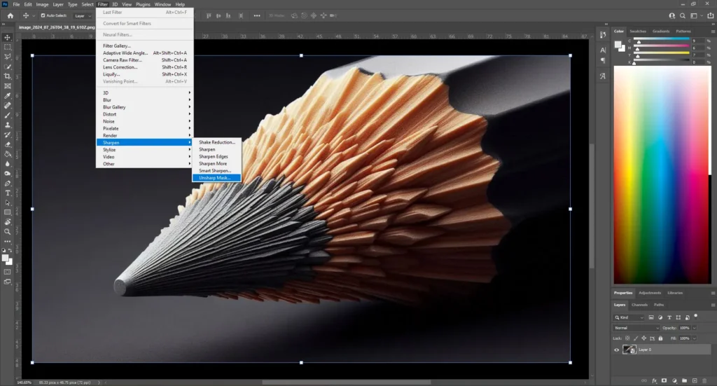 A screenshot of Photoshop with a menu open, showing the option to apply the Unsharp Mask filter to an image of a sharpened pencil.