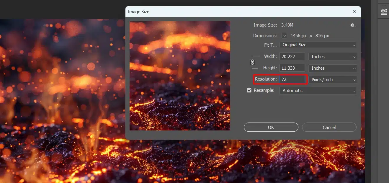 Image Size dialog box in Adobe Photoshop showing resolution settings.