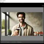 Adobe Lightroom interface showing a man holding a coffee cup and smiling at the camera. The Develop module is open, and the radial gradient tool is highlighted on the right panel.