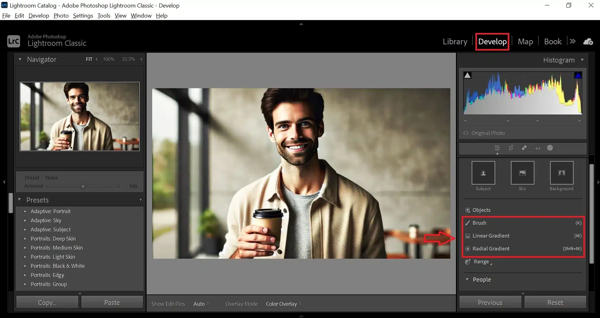 Adobe Lightroom interface showing a man holding a coffee cup and smiling at the camera. The Develop module is open, and the radial gradient tool is highlighted on the right panel.