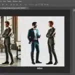 Adobe Photoshop interface displaying a before and after comparison of two men talking in an office setting. The 'before' side shows the original image with a busy office background, while the 'after' side shows the background removed. The image showing How to Remove Background in Photoshop.