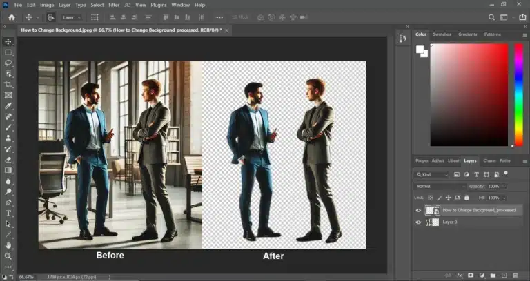 Adobe Photoshop interface displaying a before and after comparison of two men talking in an office setting. The 'before' side shows the original image with a busy office background, while the 'after' side shows the background removed. The image showing How to Remove Background in Photoshop.