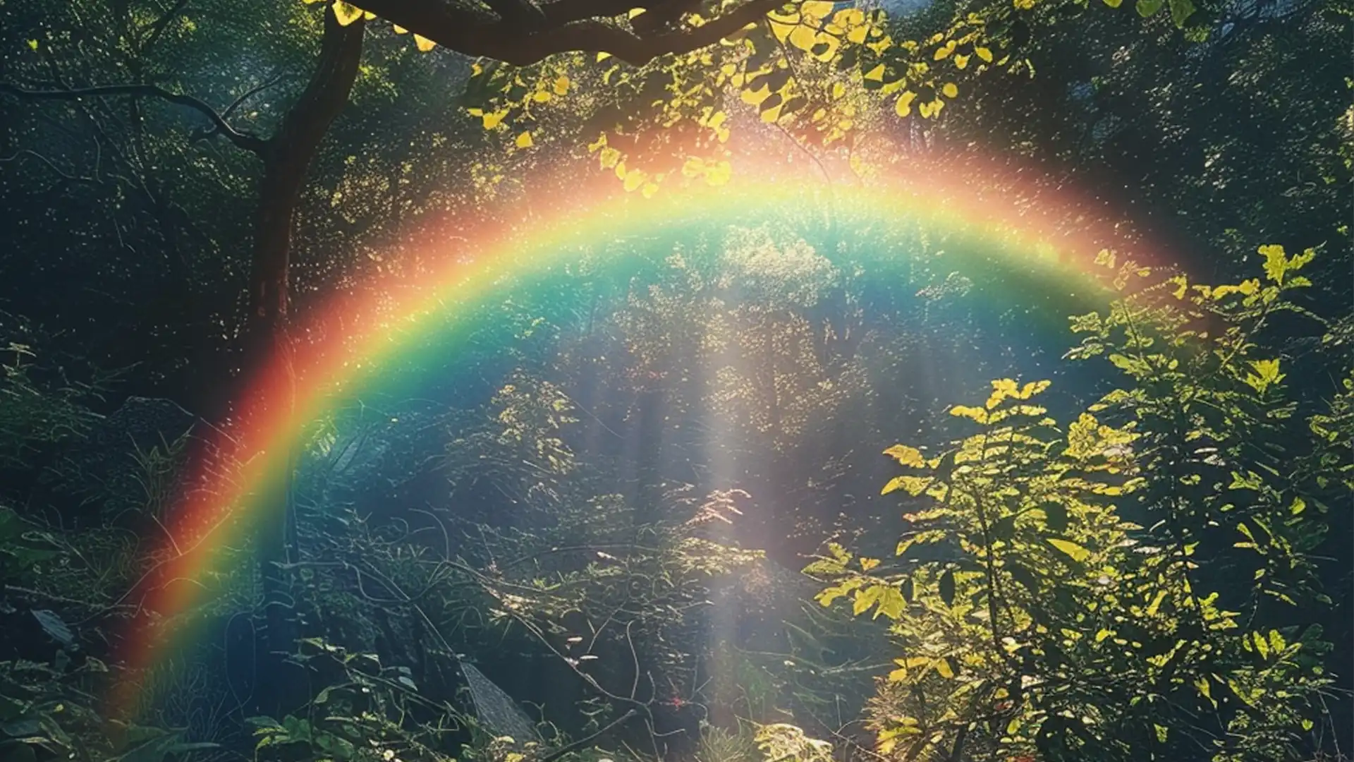 Colorful rainbow effect over a lush forest scene in Photoshop