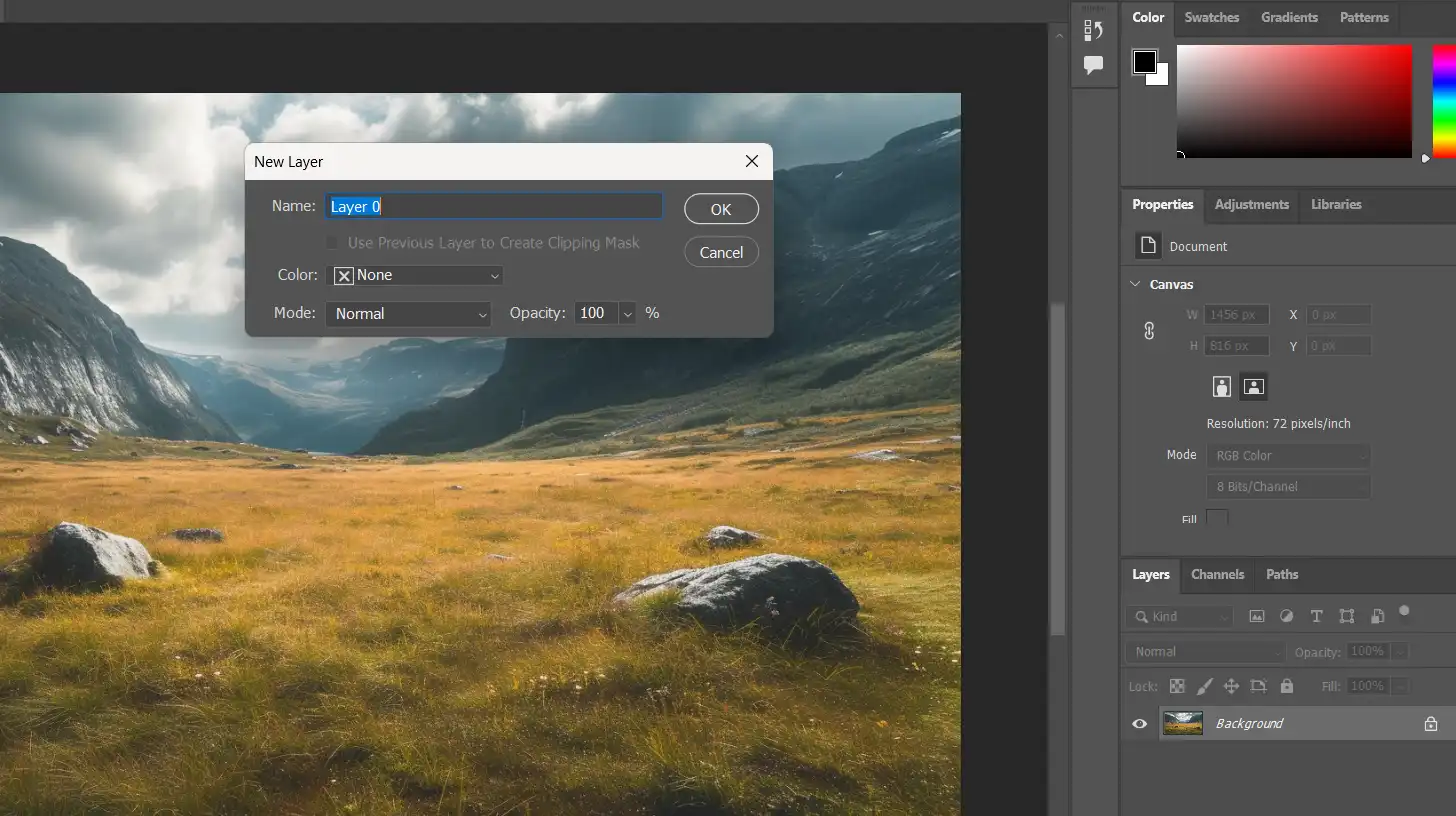 Photoshop interface with the New Layer dialog box open, allowing the creation of a new background layer