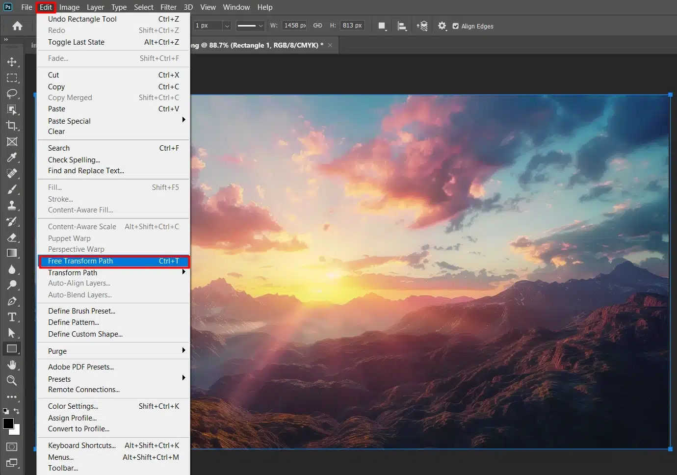 Photoshop interface with 'Free Transform Path' option highlighted under the 'Edit' menu, sunset landscape photo.