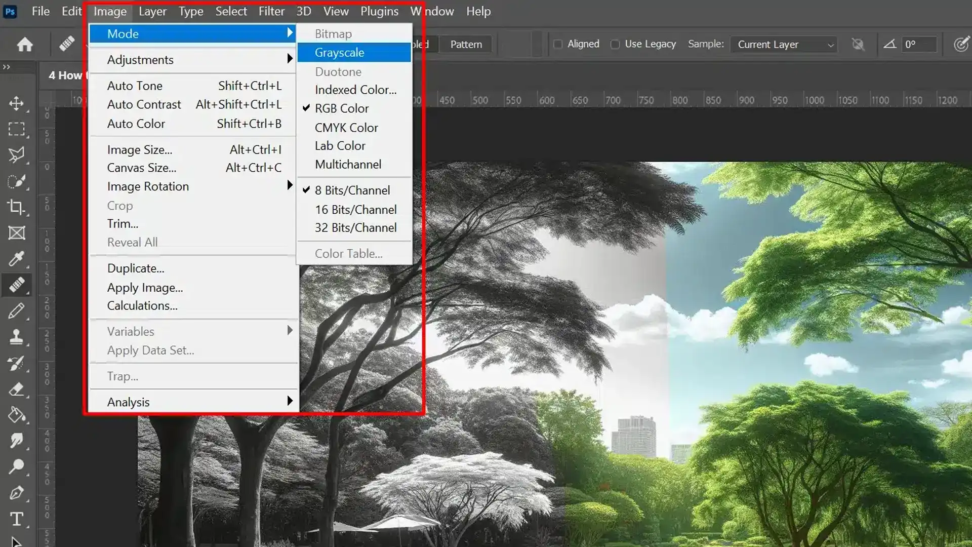 Screenshot of Photoshop interface with an image being converted to black and white using the Grayscale mode.