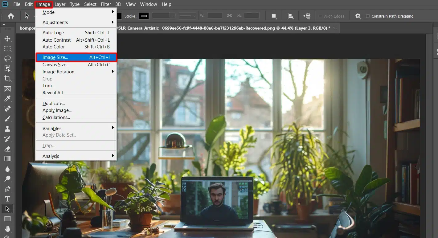 A screenshot of Adobe Photoshop with the Image menu open, highlighting the Image Size option.