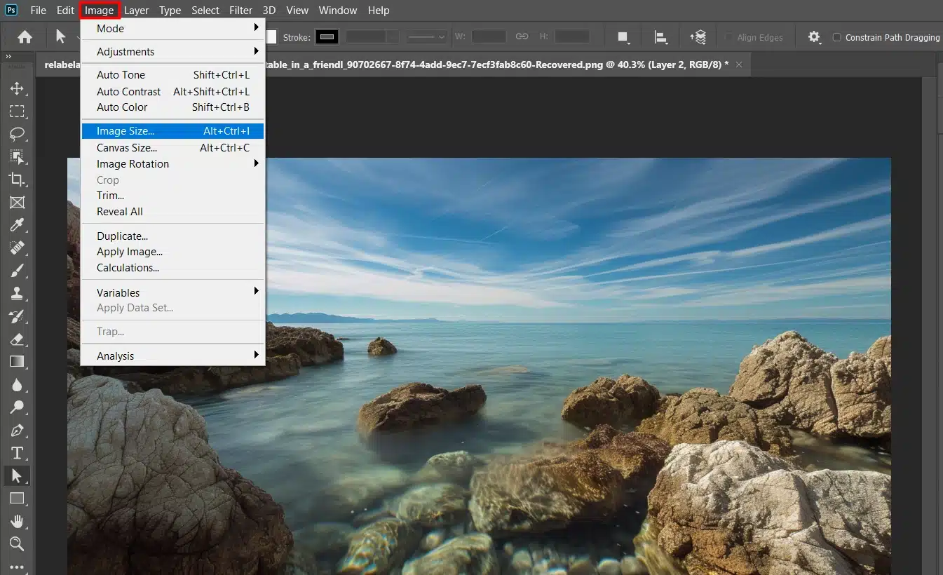 Screenshot of the 'Image' menu in Photoshop with the 'Image Size' option highlighted