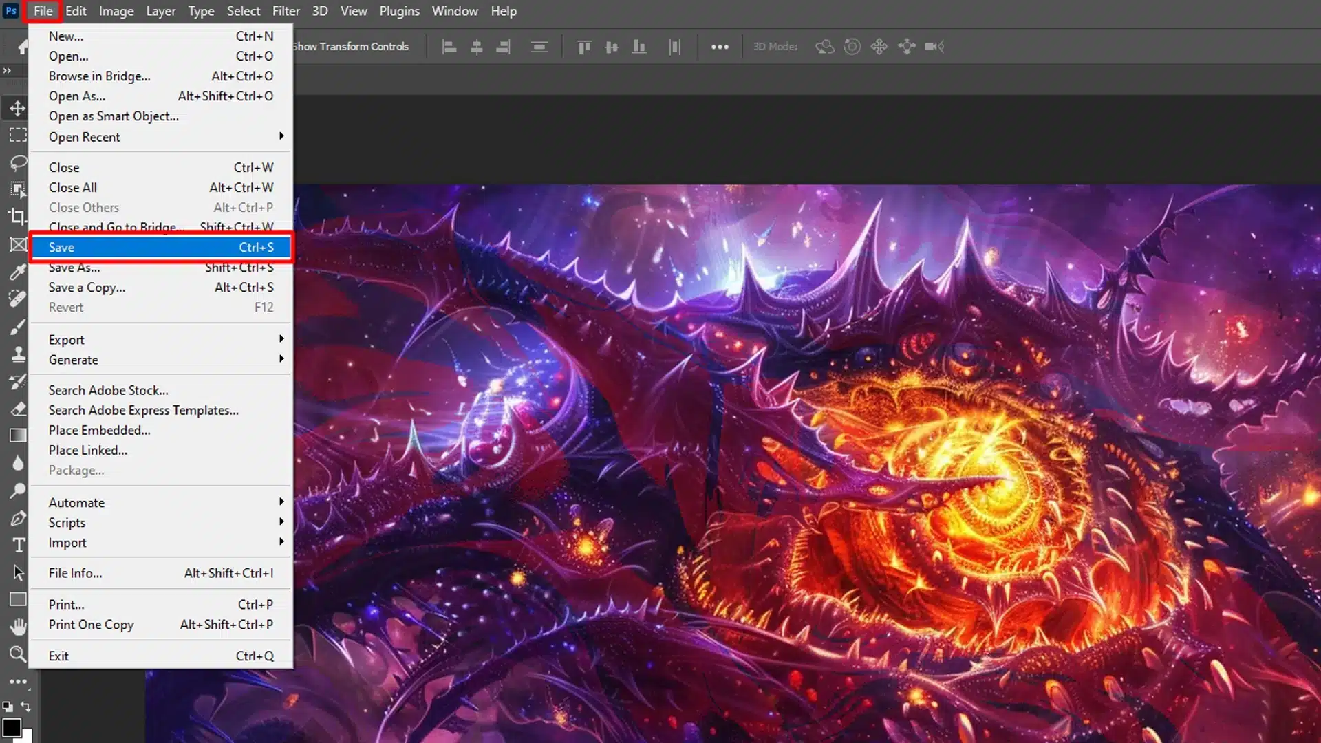 Adobe Photoshop with the File menu open, highlighting the Save option.
