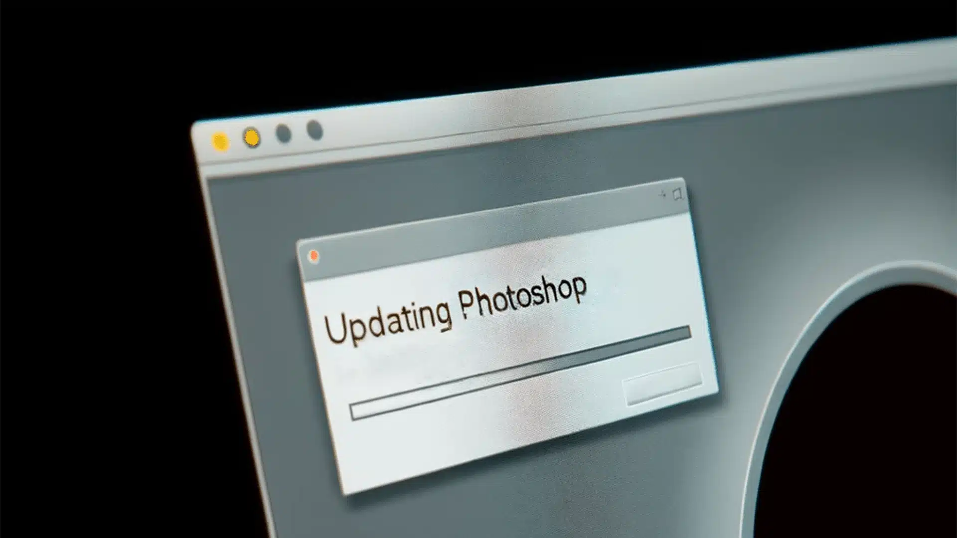 Close-up of a computer monitor showing the update interface of Adobe Photoshop with version 2024 mentioned on a progress bar.