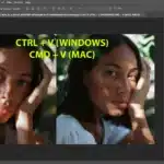 A Photoshop workspace showing the process of pasting an image into Photoshop, with text descriptions for shortcuts