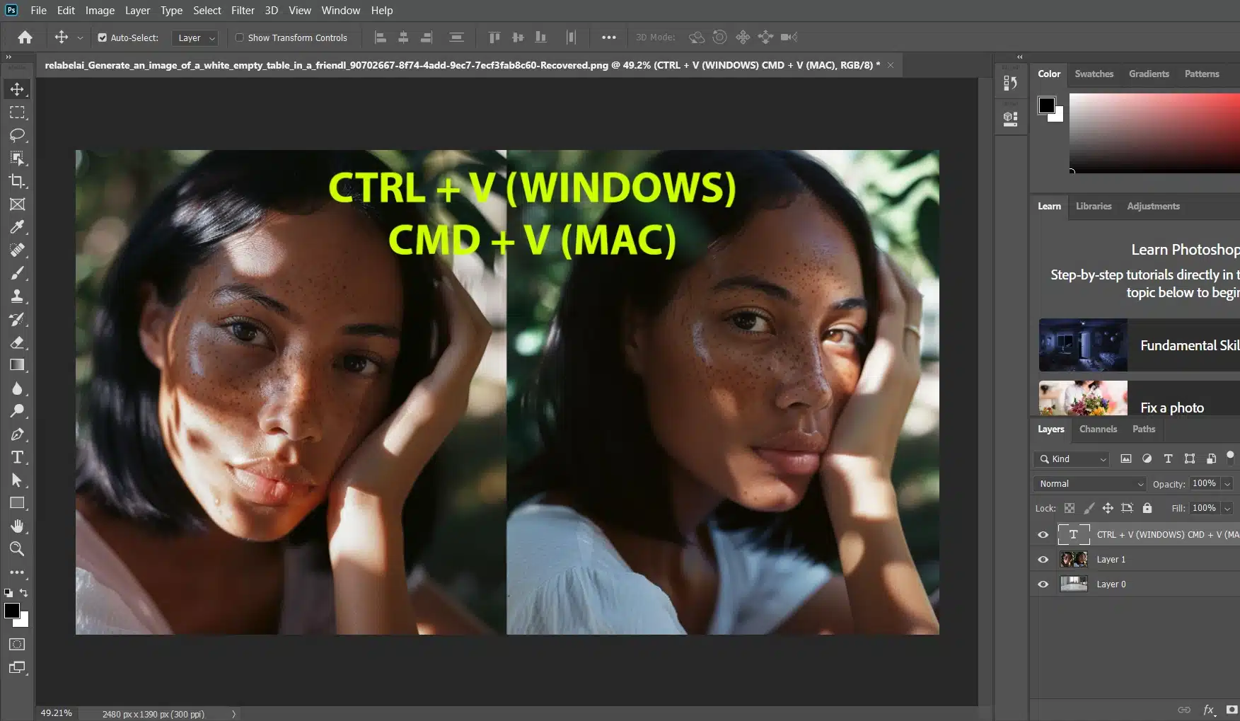 A Photoshop workspace showing the process of pasting an image into Photoshop, with text descriptions for shortcuts