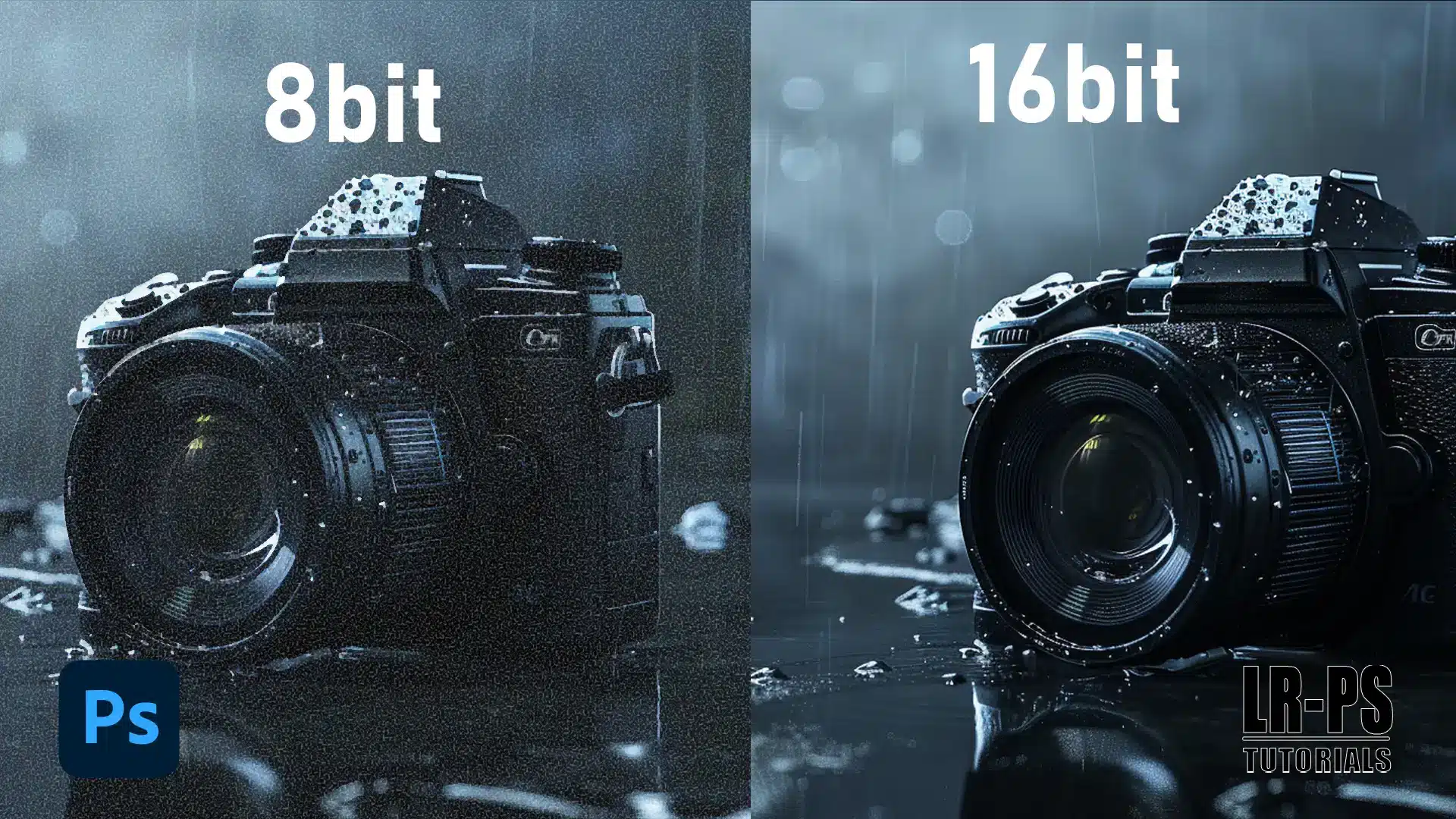 A side-by-side comparison of two images depicting cameras with the labels “8bit” and “16bit” respectively. Both cameras are set against a blurred background with water droplets on the surface, suggesting a rainy or misty environment. The image on the left appears slightly pixelated, while the one on the right shows more smooth gradation in tones.