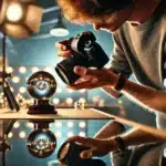 A photographer taking a close-up shot of a shiny glass sphere in a professional studio setup with reflective surfaces and bokeh lights. Image also depicts How to Photograph Shiny Objects, Photographing Shiny Objects and Shiny Objects Photography.