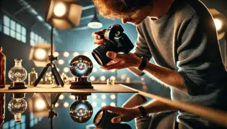 A photographer taking a close-up shot of a shiny glass sphere in a professional studio setup with reflective surfaces and bokeh lights. Image also depicts How to Photograph Shiny Objects, Photographing Shiny Objects and Shiny Objects Photography.