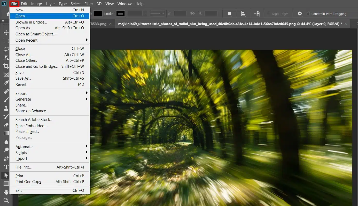 Image of a cityscape ready for applying radial blur in Photoshop.