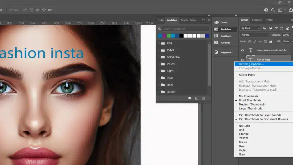 Photoshop interface showing a high-quality portrait of a woman with the text 'fashion insta' on her forehead. The Blending Options and Layer Styles dialog is open.