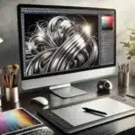 Modern digital design workspace with a high-resolution monitor displaying a detailed metallic effect, including a graphics tablet, mouse, and keyboard.