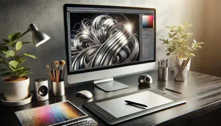 Modern digital design workspace with a high-resolution monitor displaying a detailed metallic effect, including a graphics tablet, mouse, and keyboard.