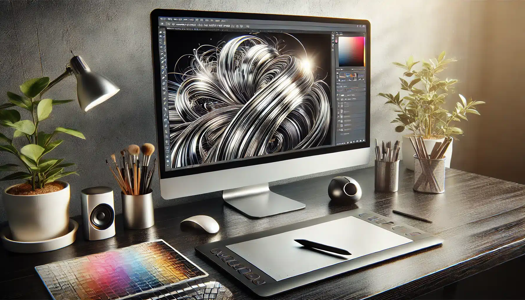 Modern digital design workspace with a high-resolution monitor displaying a detailed metallic effect, including a graphics tablet, mouse, and keyboard.