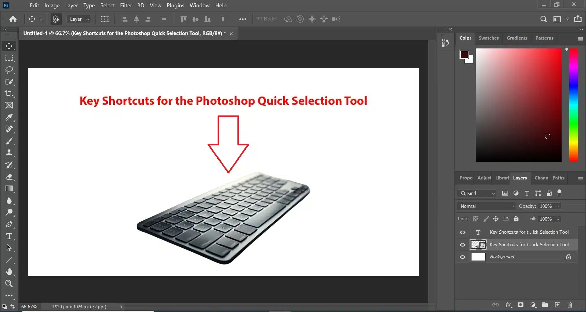 A screenshot of the Photoshop interface showing key shortcuts for the Quick Selection Tool, with a modern keyboard and a red arrow pointing to it.