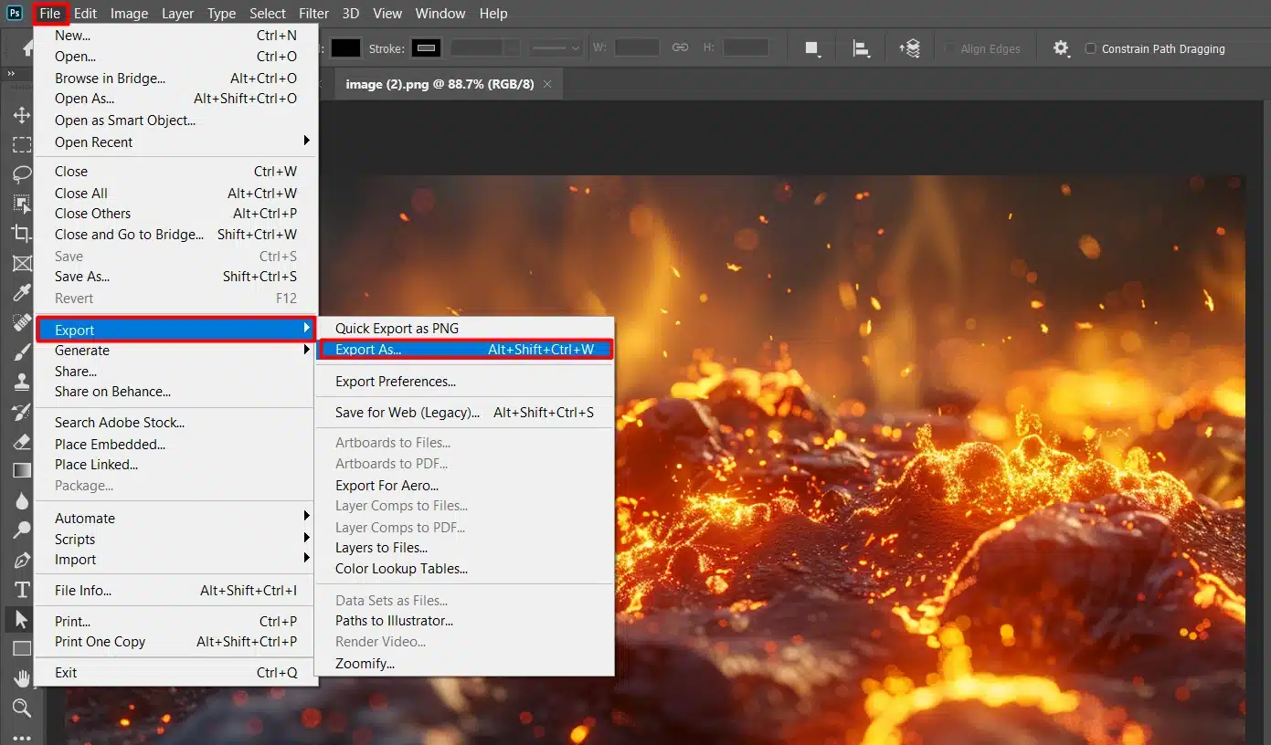 Selecting export settings in Adobe Photoshop for high-quality image output.