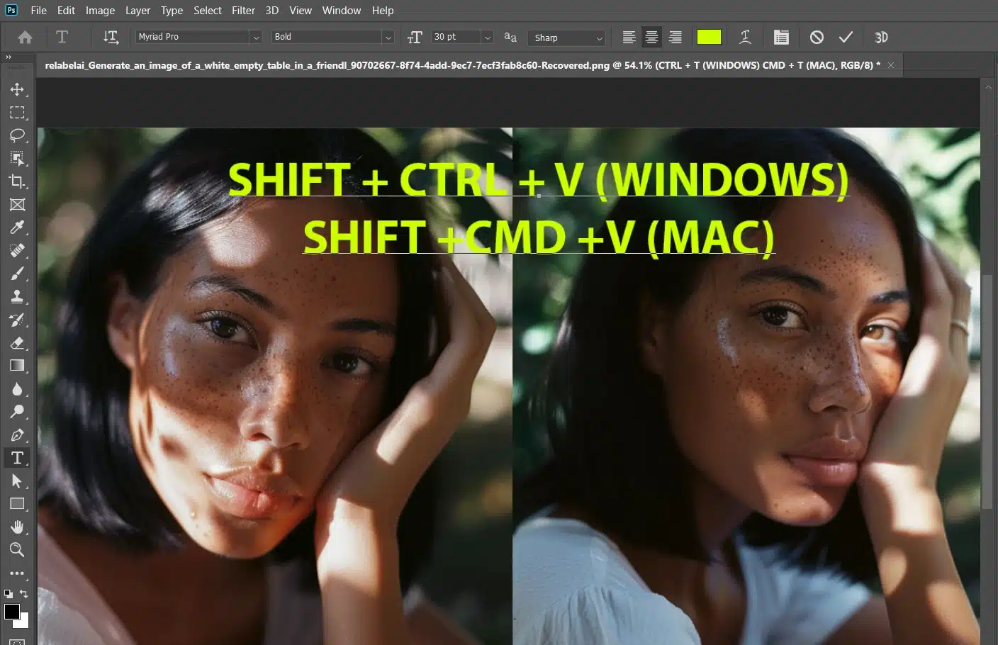 A Photoshop workspace showing keyboard shortcuts for pasting an image in photoshop