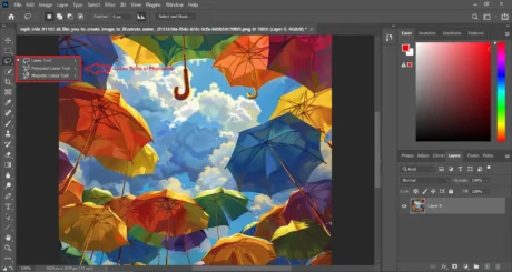 Screenshot of Adobe Photoshop showing the Lasso Tools options with colorful umbrellas in the background.