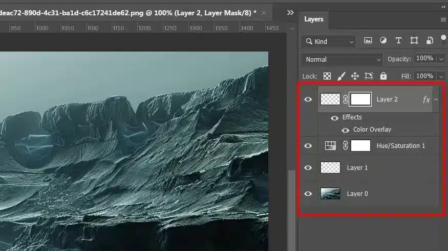 Adobe interface with a rocky terrain and multiple layers