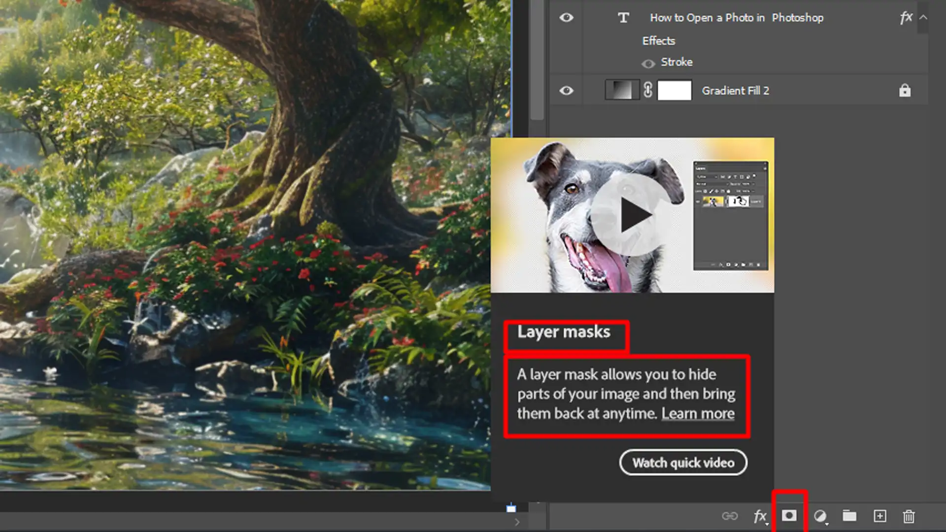 Adobe Photoshop interface showing a landscape image with an open tutorial panel on layer masks.