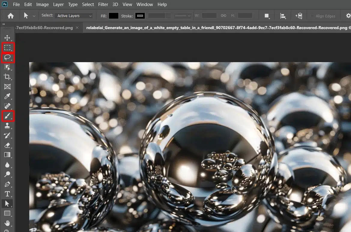 Photoshop interface showing a metallic effect project. The Rectangular Marquee Tool and Brush Tool are highlighted on the left toolbar