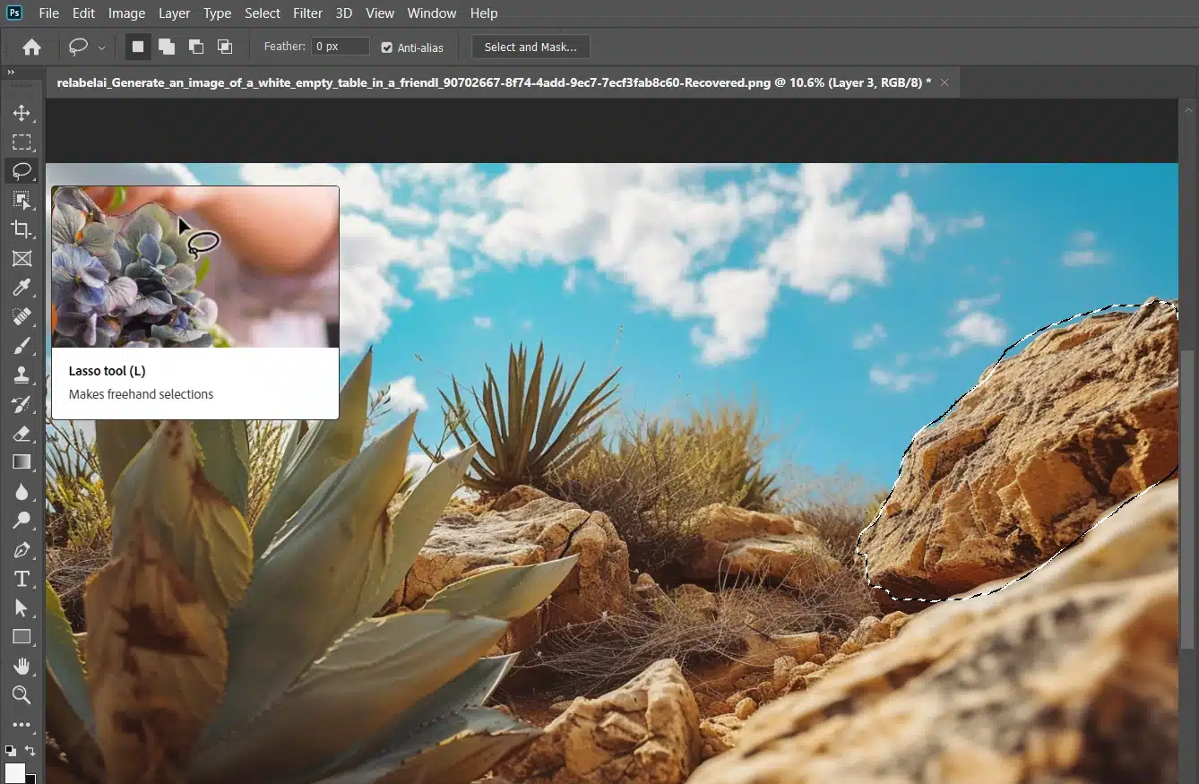 Screenshot of Photoshop's Lasso Tool being used to make a selection around rocks in a desert plant landscape