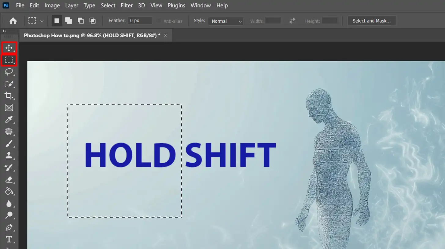 Screenshot of a Photoshop interface with a semi-transparent figure of a person on the right side and a dashed bounding box around the words “HOLD SHIFT” in the center