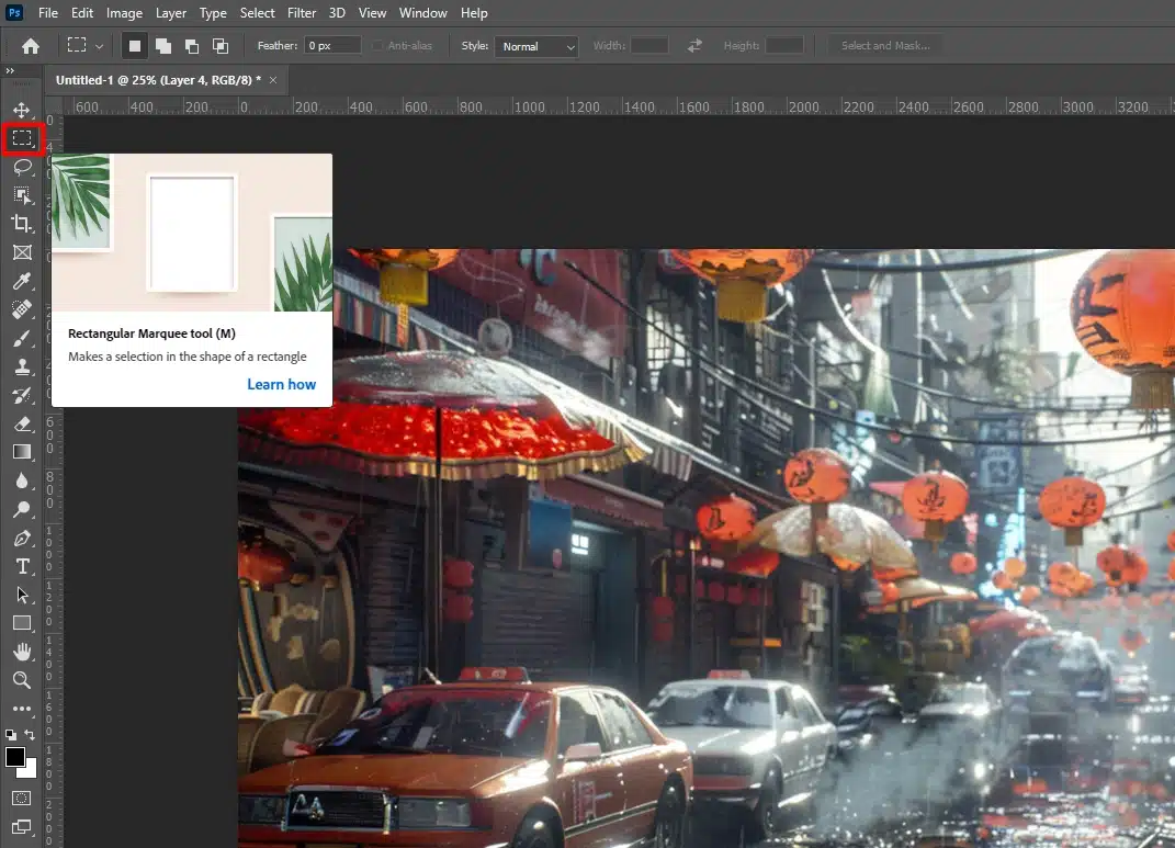 Photoshop interface with the Rectangular Marquee Tool highlighted in the toolbar.