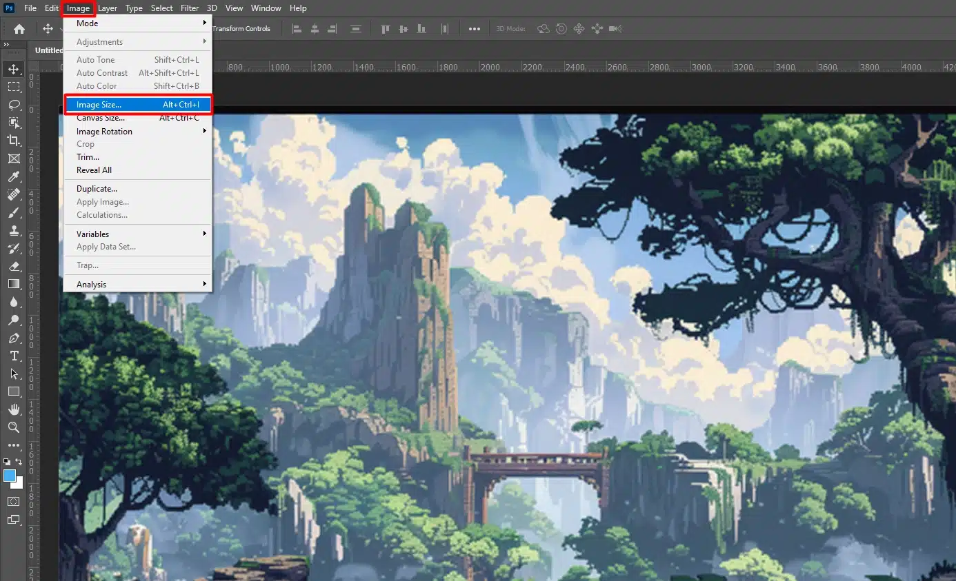 Screenshot of a picture element art image, highlighting the 'Canvas Size' option for pixel art resize.