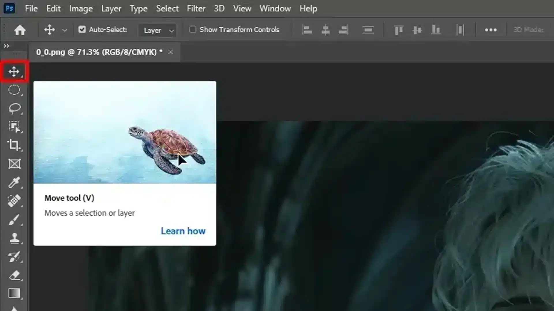 Move Tool selected in Photoshop toolbar