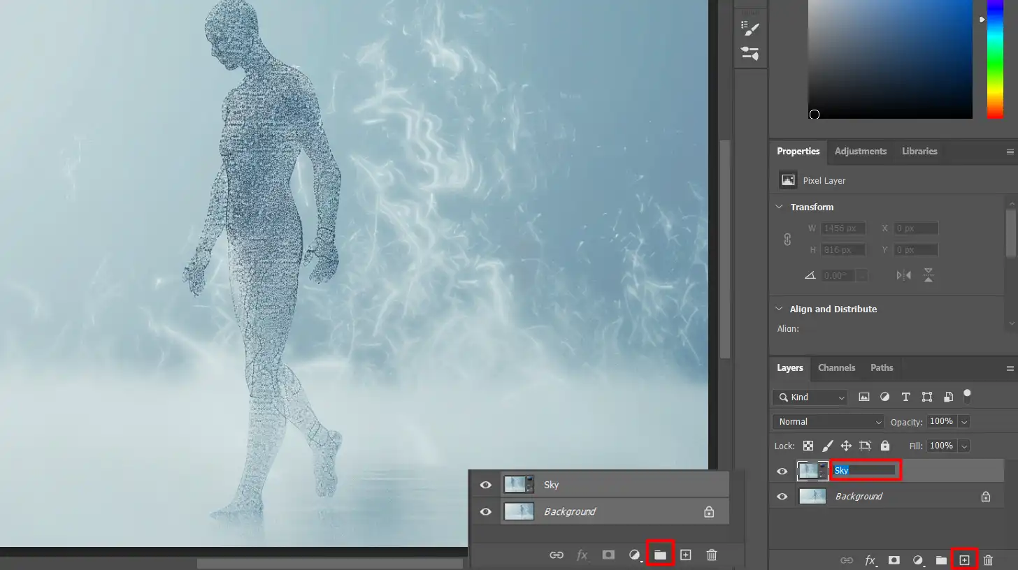 Photoshop layers panel showing multiple layers with a digital figure composed of particles