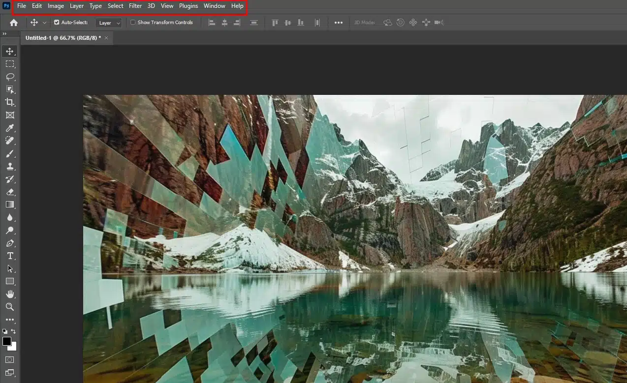 Screenshot of Adobe Photoshop with an image of a mountain landscape and the Photoshop Menu Bar visible pointing at Photoshop Menu Bar