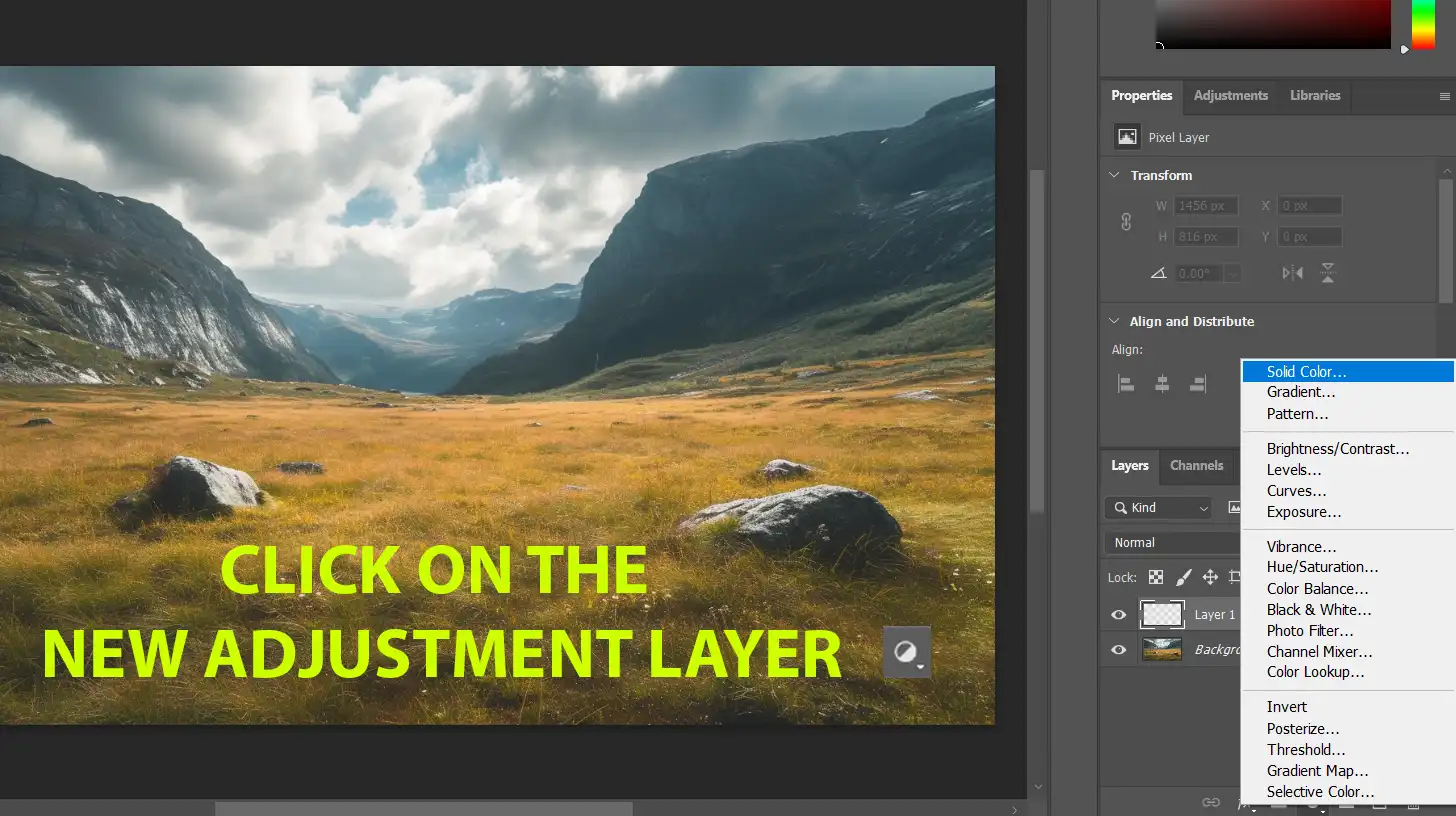 Photoshop interface showing the Layers panel and the option to add a new adjustment layer