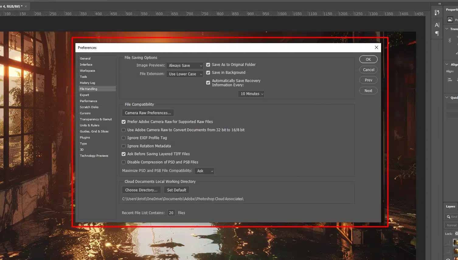 Photoshop interface showing the Edit menu with Preferences highlighted.