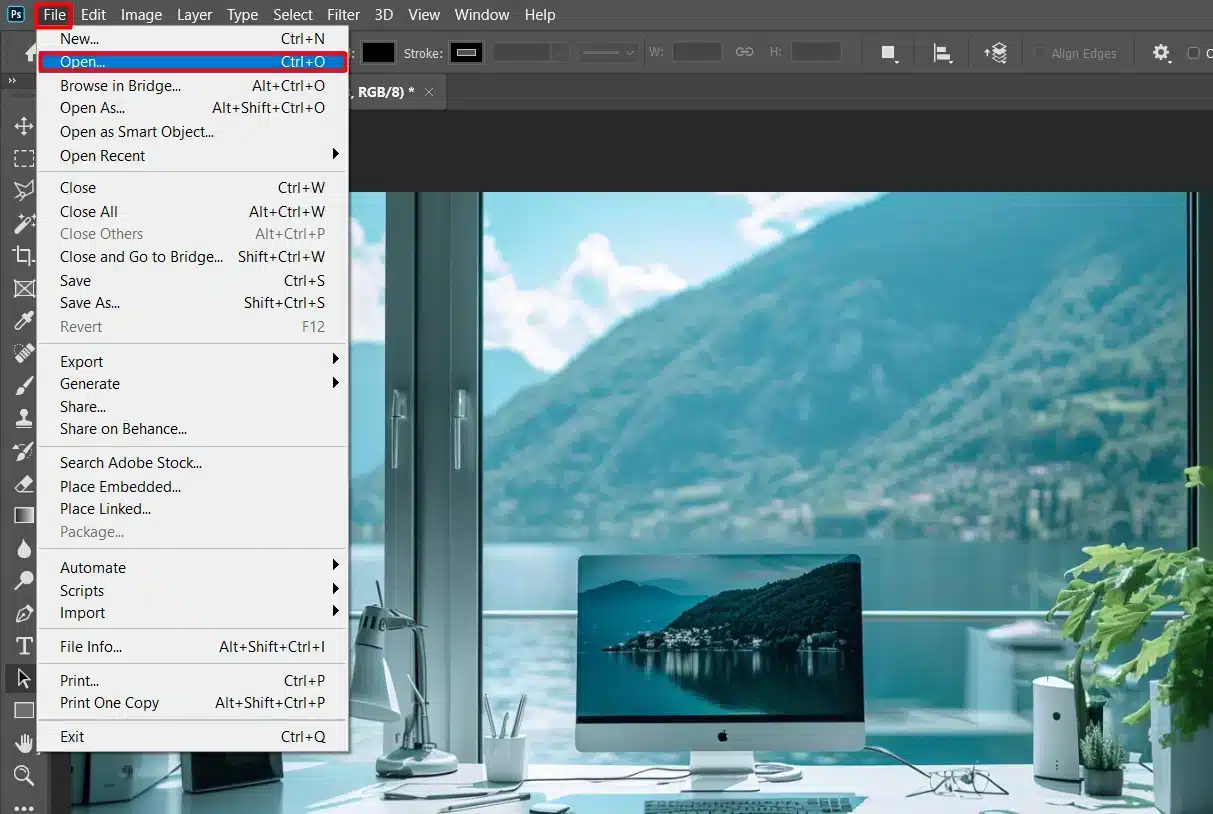 Photoshop interface with the Open option highlighted under the File menu