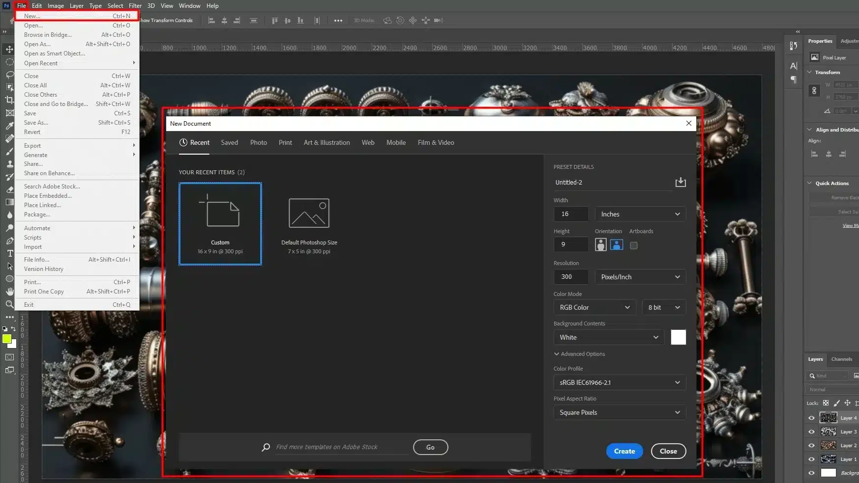 Image of a Photoshop interface showing the New Document dialog box with preset options and settings