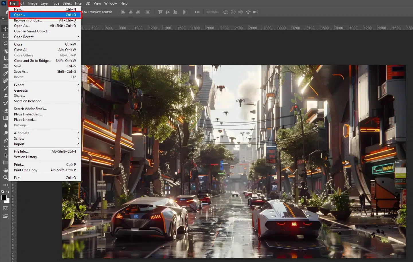 Photoshop interface showing the 'File' menu with the 'Open' option highlighted.